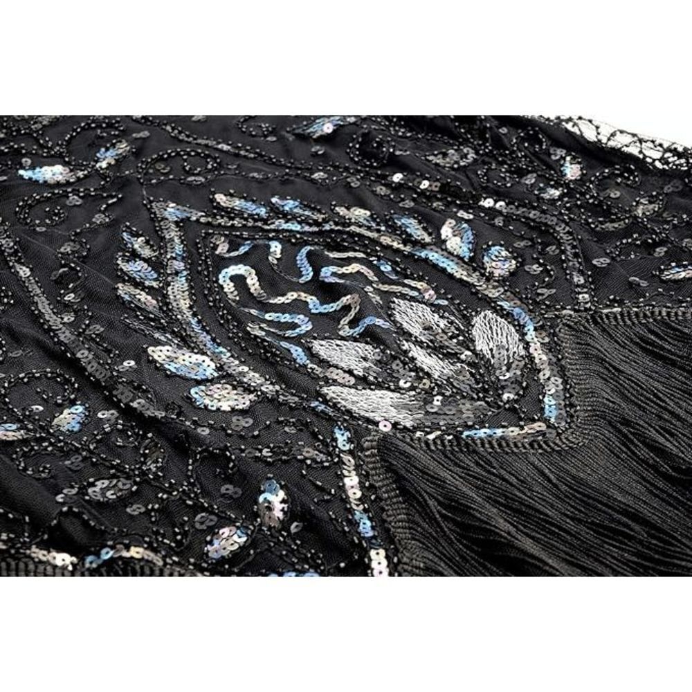 ✨ Flapper Great Gatsby 1920s Retro Tassel Fringe Sequin Midi Black Dress XL NEW - Picture 6 of 13